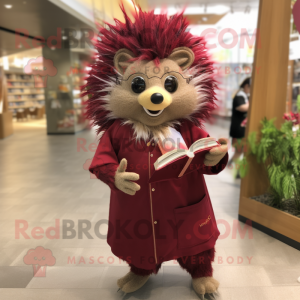 Maroon Hedgehog mascot costume character dressed with a Wrap Dress and Reading glasses