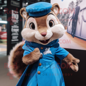 Blue Chipmunk mascot costume character dressed with a Blouse and Shawl pins