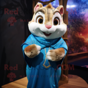 Blue Chipmunk mascot costume character dressed with a Blouse and Shawl pins