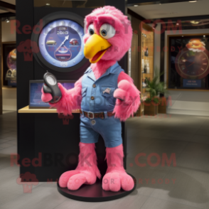 Pink Parrot mascot costume character dressed with a Bootcut Jeans and Bracelet watches