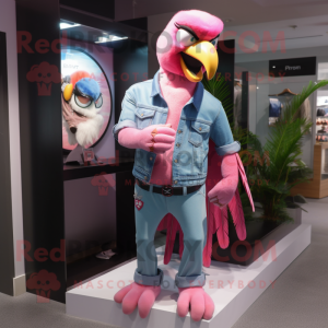 Pink Parrot mascot costume character dressed with a Bootcut Jeans and Bracelet watches