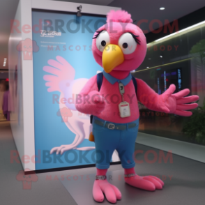 Pink Parrot mascot costume character dressed with a Bootcut Jeans and Bracelet watches