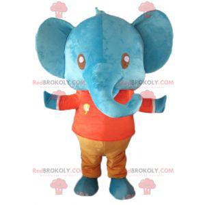 Gigante mascotte elefante blu in abito rosso e arancione -