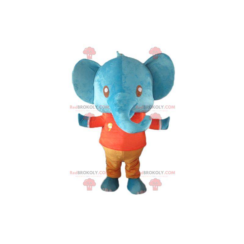 Giant blue elephant mascot in red and orange outfit -