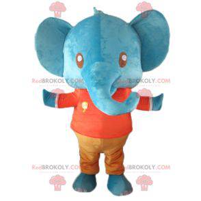 Giant blue elephant mascot in red and orange outfit -