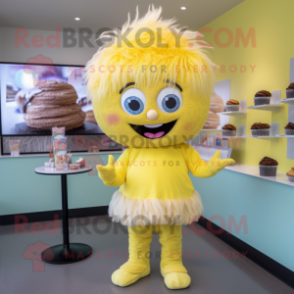 Yellow Cupcake mascot costume character dressed with a Henley Shirt and Hair clips