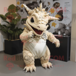 Cream Triceratops mascot costume character dressed with a Mini Dress and Mittens