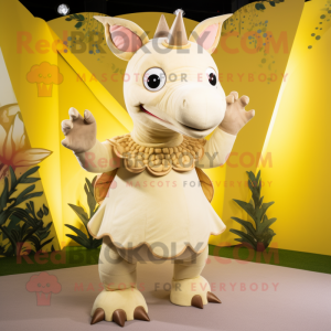 Cream Triceratops mascot costume character dressed with a Mini Dress and Mittens