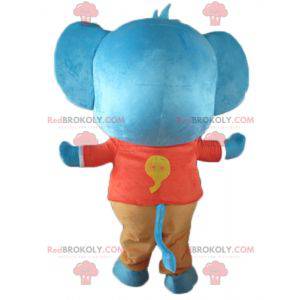 Mascote elefante azul gigante em roupa vermelha e laranja -