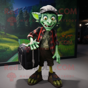 Forest Green Vampire mascot costume character dressed with a Flannel Shirt and Messenger bags