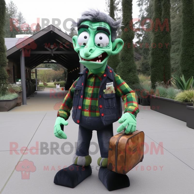 Forest Green Vampire mascot costume character dressed with a Flannel Shirt and Messenger bags Forest Green Vampire mascot costume character dressed with a Flannel Shirt and Messenger bags