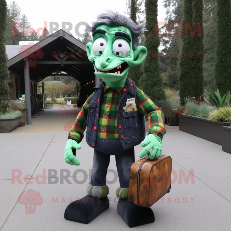 Forest Green Vampire mascot costume character dressed with a Flannel Shirt and Messenger bags