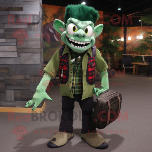 Forest Green Vampire mascot costume character dressed with a Flannel Shirt and Messenger bags