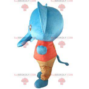 Giant blue elephant mascot in red and orange outfit -