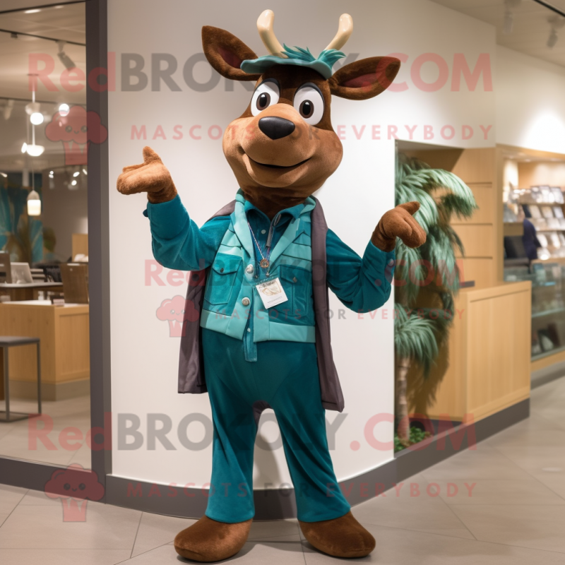 Teal Elk mascot costume character dressed with a Bootcut Jeans and Wraps Teal Elk mascot costume character dressed with a Bootcut Jeans and Wraps