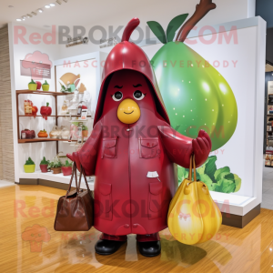 Maroon Pear mascot costume character dressed with a Raincoat and Handbags