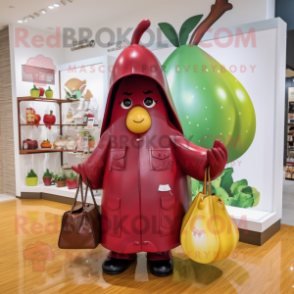 Maroon Pear mascot costume character dressed with a Raincoat and Handbags