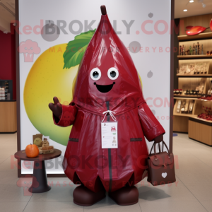 Maroon Pear mascot costume character dressed with a Raincoat and Handbags