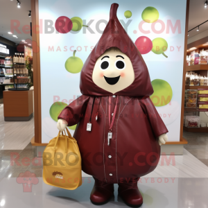 Maroon Pear mascot costume character dressed with a Raincoat and Handbags