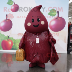 Maroon Pear mascot costume character dressed with a Raincoat and Handbags