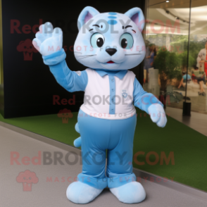 Sky Blue Cat mascot costume character dressed with a Polo Shirt and Gloves