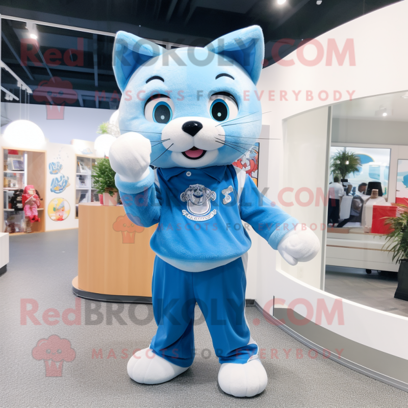 Sky Blue Cat mascot costume character dressed with a Polo Shirt and Gloves