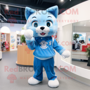 Sky Blue Cat mascot costume character dressed with a Polo Shirt and Gloves