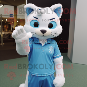 Sky Blue Cat mascot costume character dressed with a Polo Shirt and Gloves