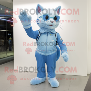 Sky Blue Cat mascot costume character dressed with a Polo Shirt and Gloves