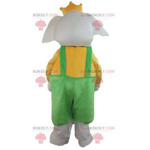 Elephant mascot in yellow and green outfit with a crown -