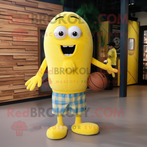 Lemon Yellow Basketball Ball mascot costume character dressed with a Flannel Shirt and Foot pads