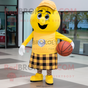 Lemon Yellow Basketball Ball mascot costume character dressed with a Flannel Shirt and Foot pads