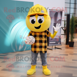 Lemon Yellow Basketball Ball mascot costume character dressed with a Flannel Shirt and Foot pads