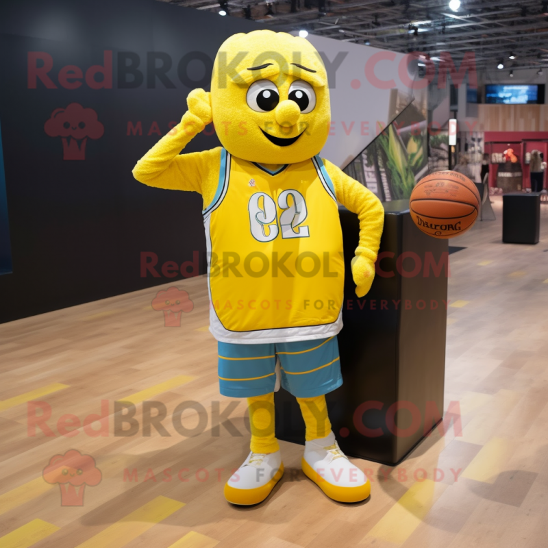 Lemon Yellow Basketball Ball mascot costume character dressed with a Flannel Shirt and Foot pads