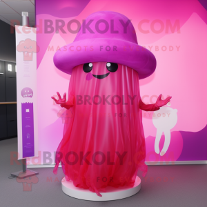 Magenta Jellyfish mascot costume character dressed with a Sheath Dress and Hats