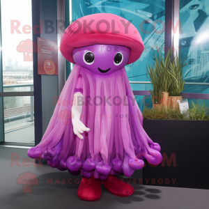 Magenta Jellyfish mascot costume character dressed with a Sheath Dress and Hats