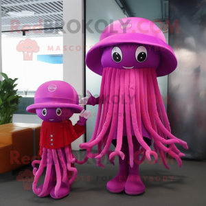 Magenta Jellyfish mascot costume character dressed with a Sheath Dress and Hats