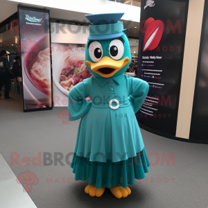 Teal Aglet mascot costume character dressed with a Maxi Skirt and Brooches