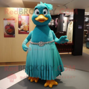 Teal Aglet mascot costume character dressed with a Maxi Skirt and Brooches