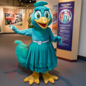 Teal Aglet mascot costume character dressed with a Maxi Skirt and Brooches