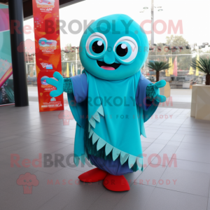 Turquoise Ceviche mascot costume character dressed with a Jumpsuit and Shawls