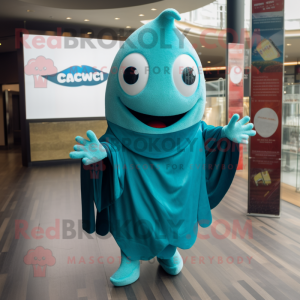 Turquoise Ceviche mascot costume character dressed with a Jumpsuit and Shawls