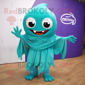 Turquoise Ceviche mascot costume character dressed with a Jumpsuit and Shawls