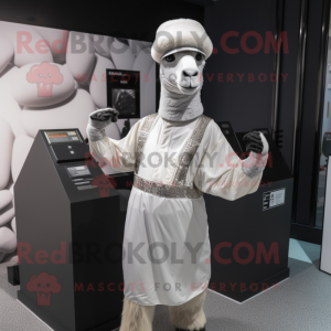 Silver Camel mascot costume character dressed with a Midi Dress and Caps