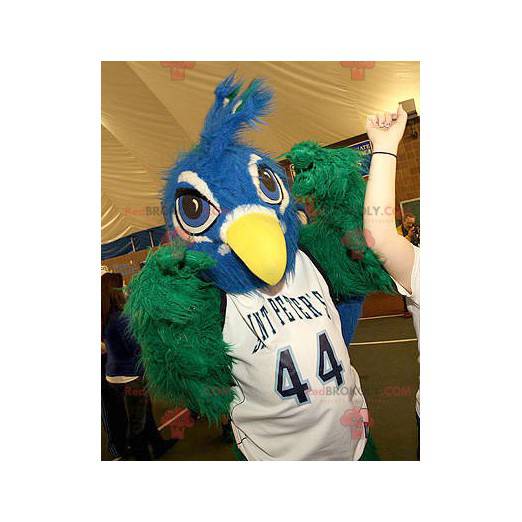 Blauwe en groene vogel mascotte allemaal harig - Redbrokoly.com