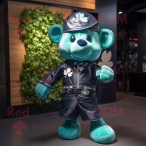 Teal Four Leaf Clover mascot costume character dressed with a Leather Jacket and Suspenders