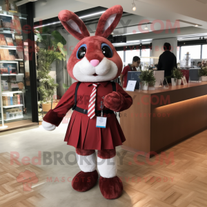 Maroon Rabbit mascot costume character dressed with a Mini Skirt and Tie pins