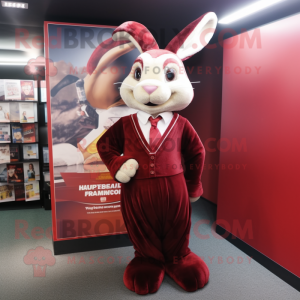 Maroon Rabbit mascot costume character dressed with a Mini Skirt and Tie pins