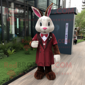 Maroon Rabbit mascot costume character dressed with a Mini Skirt and Tie pins