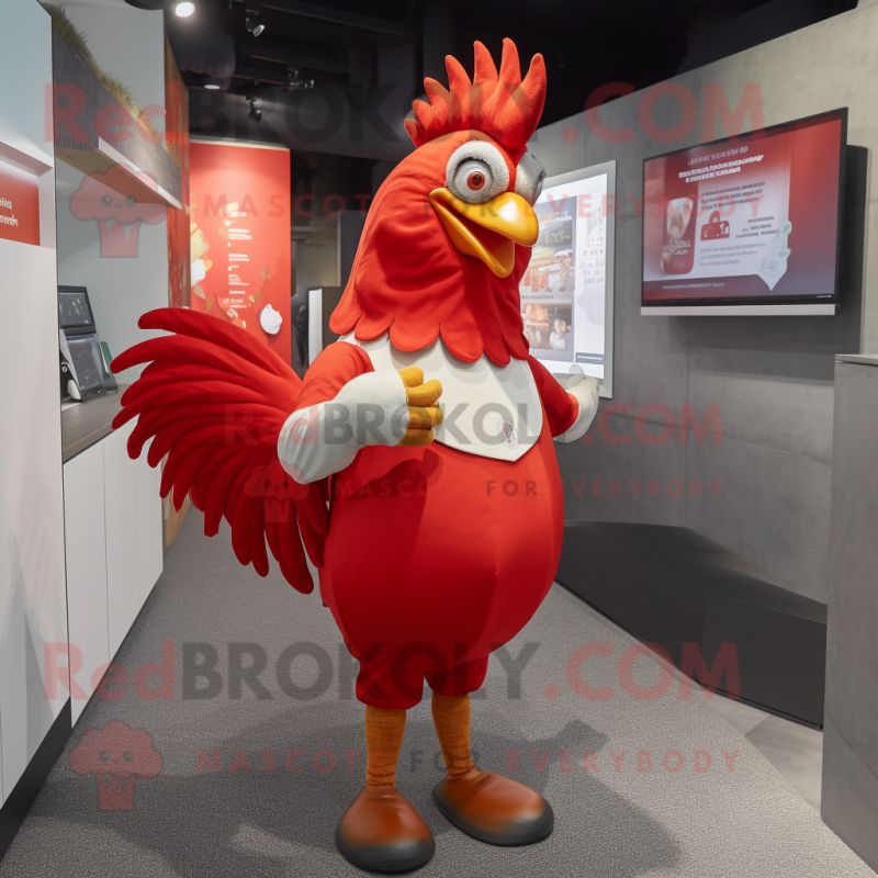 Red Rooster mascot costume character dressed with a Wrap Skirt and Mittens